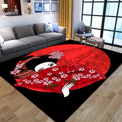1pc Japanese Ukiyo Art Mat-Red Sun Floating Design, Cherry Blossoms and Traditional Kimono Woman, Non-slip Carpet