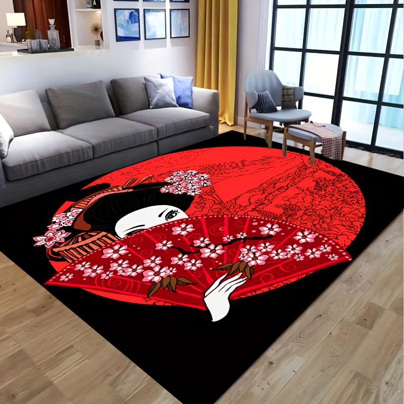 

1pc Japanese Ukiyo Art Mat-Red Sun Floating Design, Cherry Blossoms and Traditional Kimono Woman, Non-slip Carpet 50x80cm