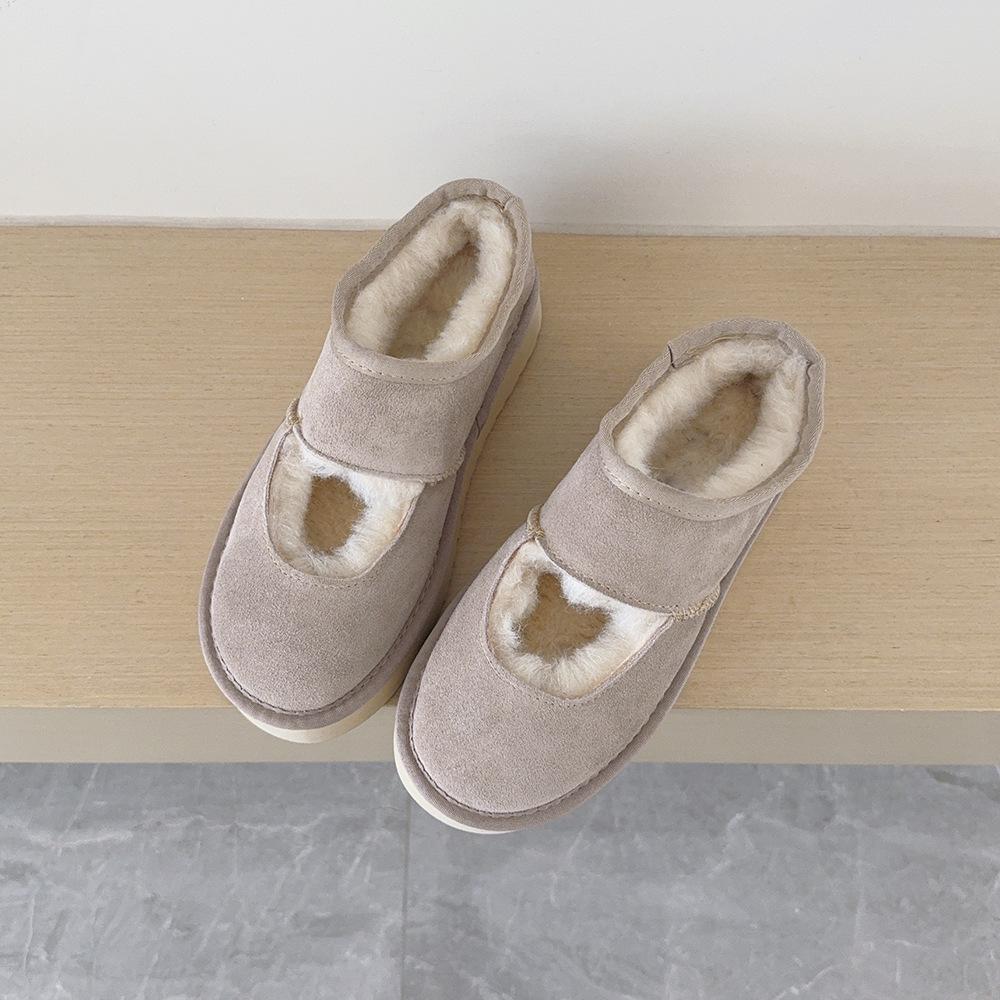 Cowhide Velvet-Lined Women's Winter Mary Janes with Thick Soles