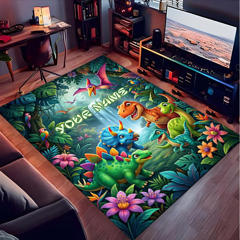 1PC Custom Name Dinosaur Adventure Jungle Theme Floor Mat Ideal for Living Room, Game Rooms, Office, Bedroom,Floor Mat Playful Design