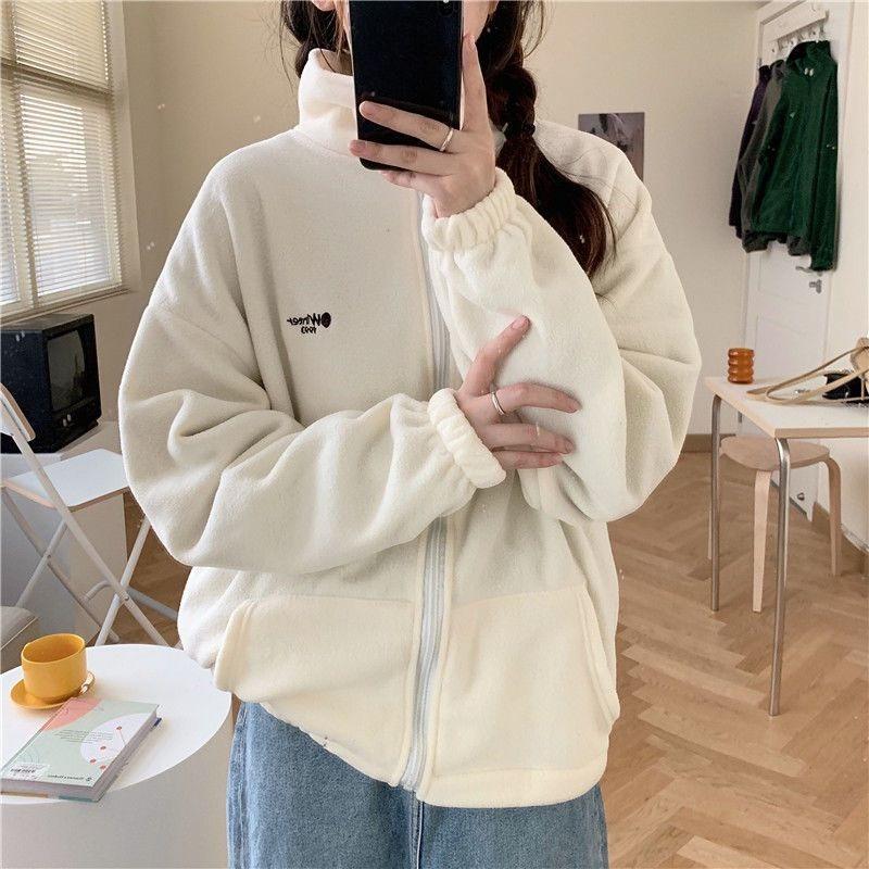 Polar Fleece Cardigan Zipper Stand Collar Hoodie Women Korean Loose Jacket Lazy Style Top