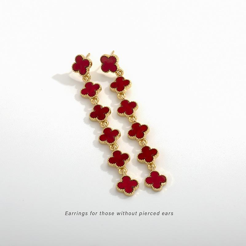 Advanced glazed four leaf clover tassel earrings with exquisite, ultra long, personalized ear clips without ear holes