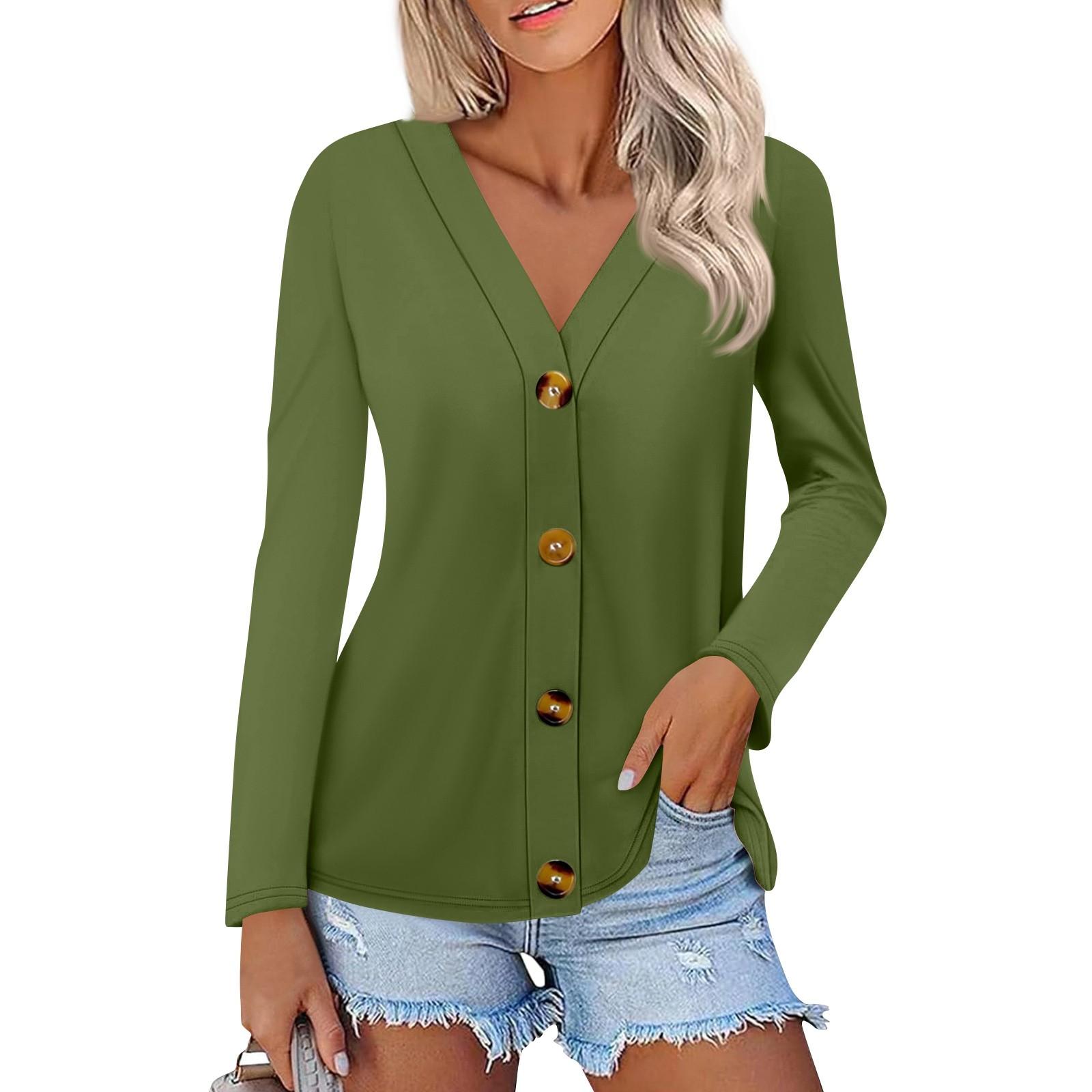 

Women s Fashion Casual Solid Color Button-down Shirt Long Sleeve Tops L армія зелений колір