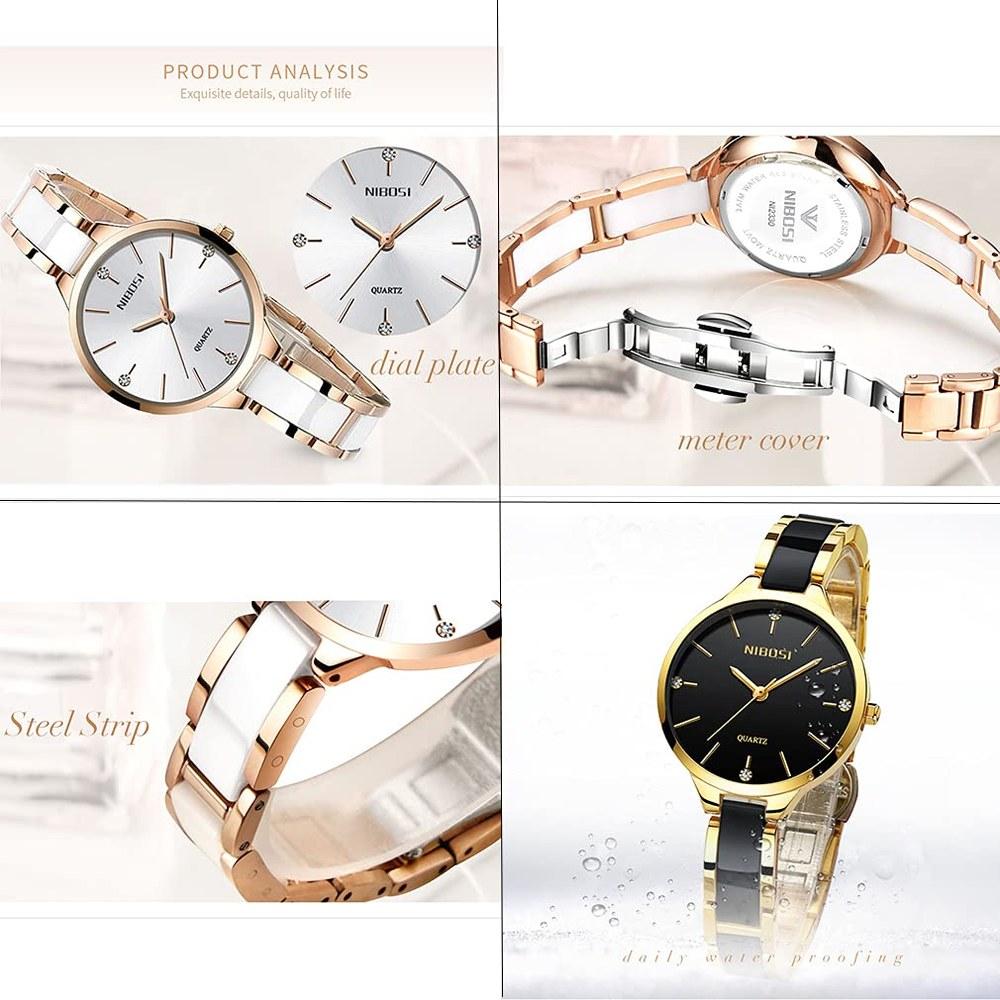 NIBOSI Women's Ceramic White Analog Wristwatch Waterproof Casual Business Fashion High-End Gift