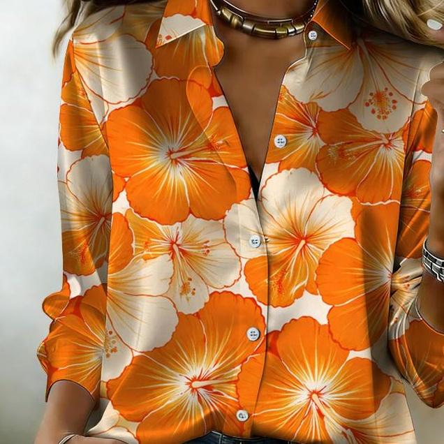 Camicia da donna a maniche lunghe con bottoni, motivo floreale tropicale con fiori di ibisco bianchi e arancioni, adatta per le vacanze e l'abbigliamento casual