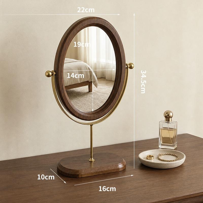 Vintage Walnut Color Light Luxury Mirror Desktop Makeup Mirror Rotatable Vertical Dressing Mirror For Bedroom