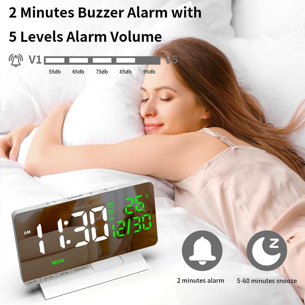 6.6 Large Display Digital Desk Clock, Dual Alarm Clock with Indoor TemperatureCelsiusDate, USBCelsiusType-C Charging Ports, 6- Dimmer, 5 Volume