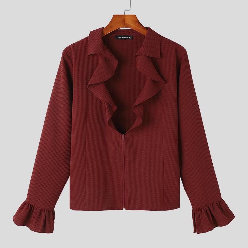 

INCERUN Мужские топы с лацканами и оборками на шее, рукава 3/4, трикотажные рубашки с текстурой, приталенные рубашки XL вино красного