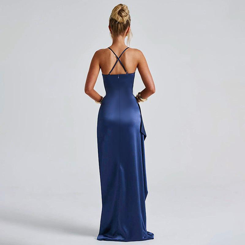 Summer new celebrity temperament sexy slim-fitting pleated split satin dress dress dress