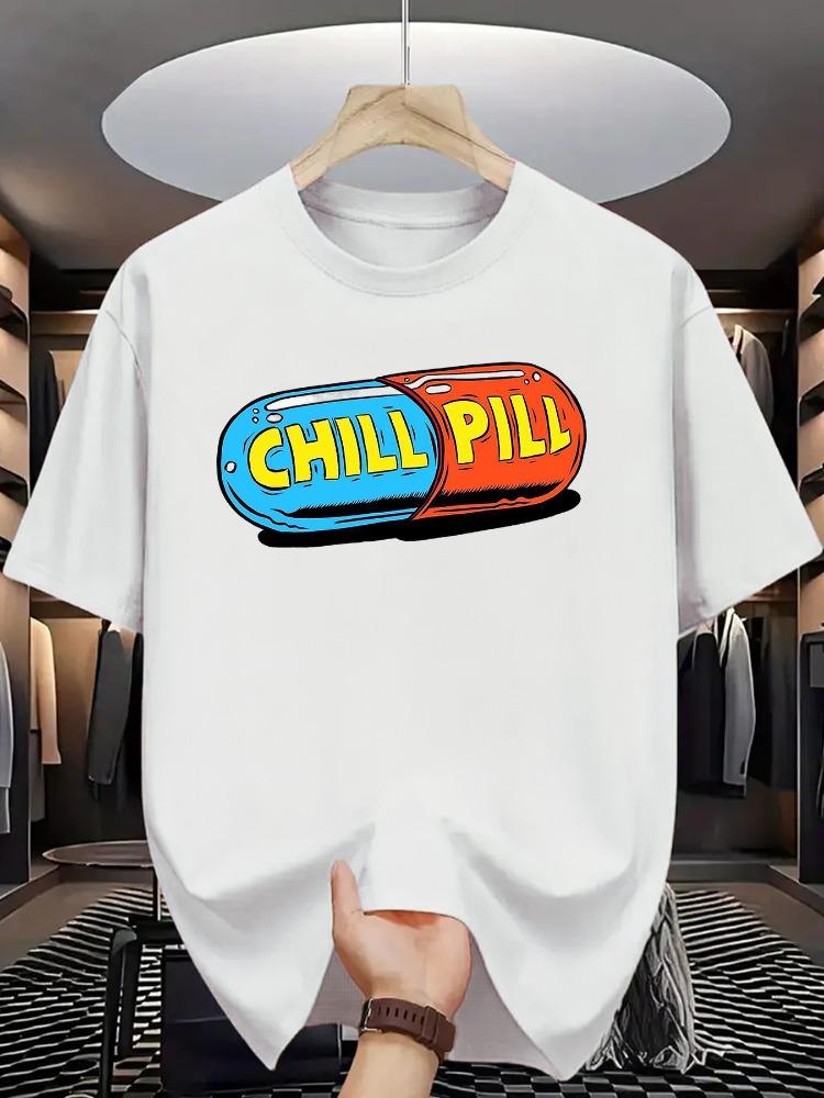 Unisex O Neck Tee Chill Pill Capsule Print Cotton Short Sleeve Loose Oversized Summer Street Breathable Basic Daily Casual Wear Top