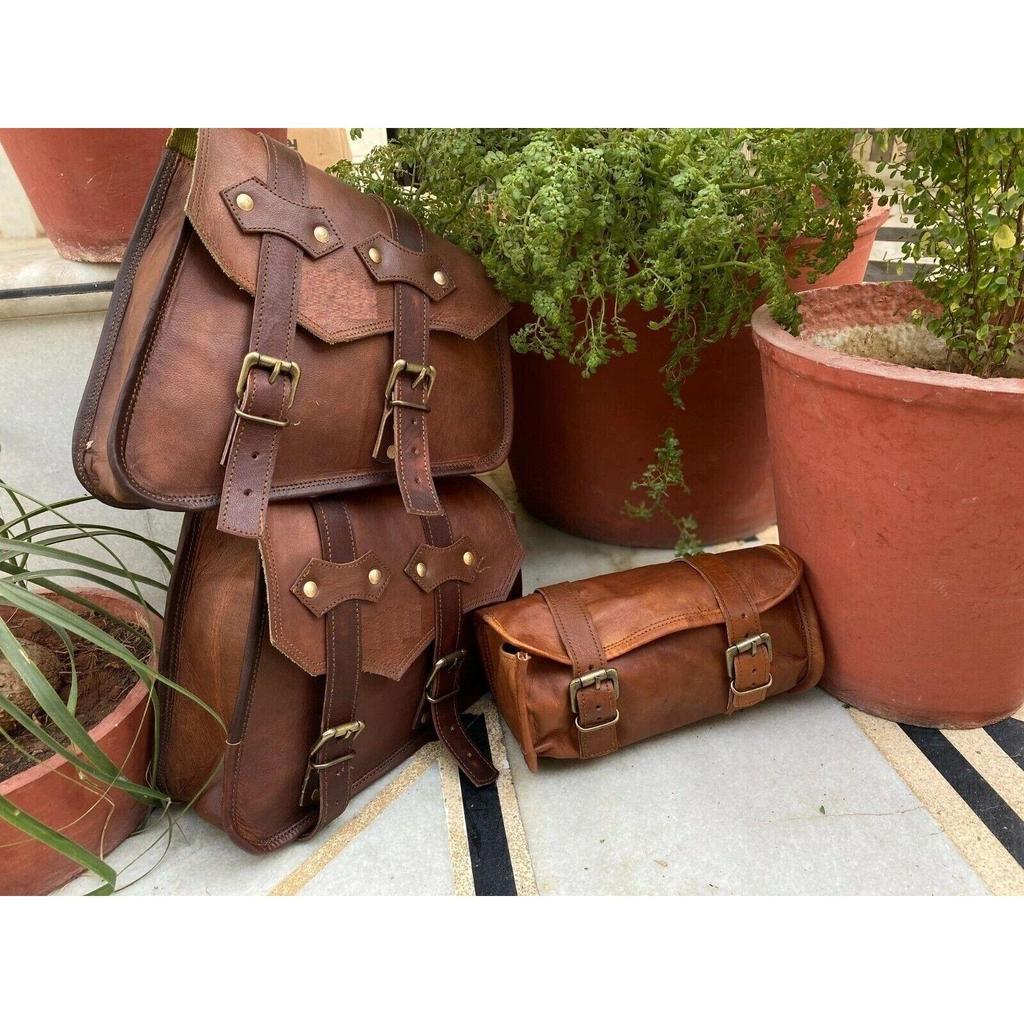 Motorcycle Leather Pouch Panniers Brown Side Saddle Bag Saddlebags Bags Tool 3