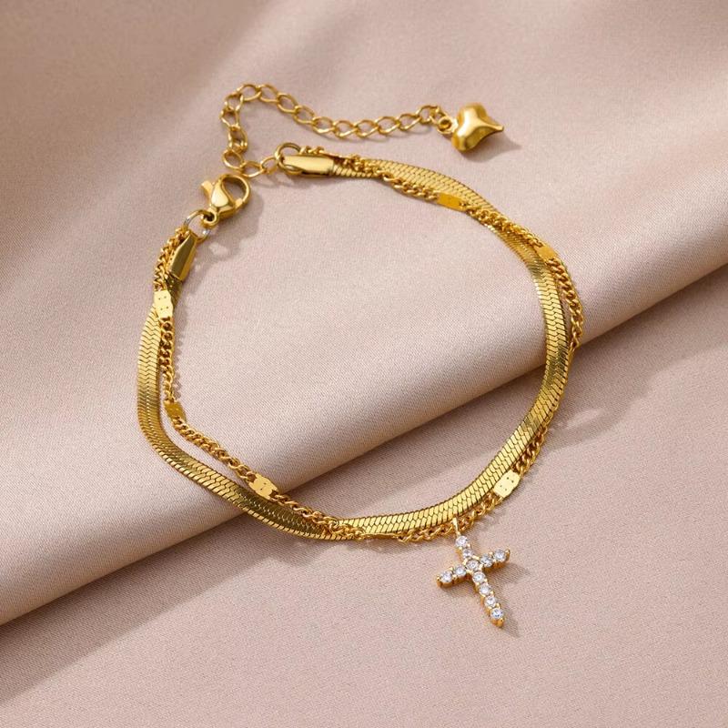 New Double-layer Cross Snake Bone Chain Anklet Women's Personality Fashion Temperament Beach Foot Decoration Titanium Steel Anklet