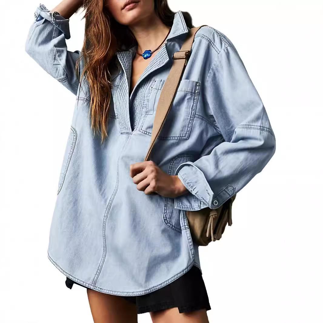 

Women s Casual Denim Shirt Long Sleeve Button Down Shirt Loose Fit Distressed Washed Blue Black Light Blue S чорний