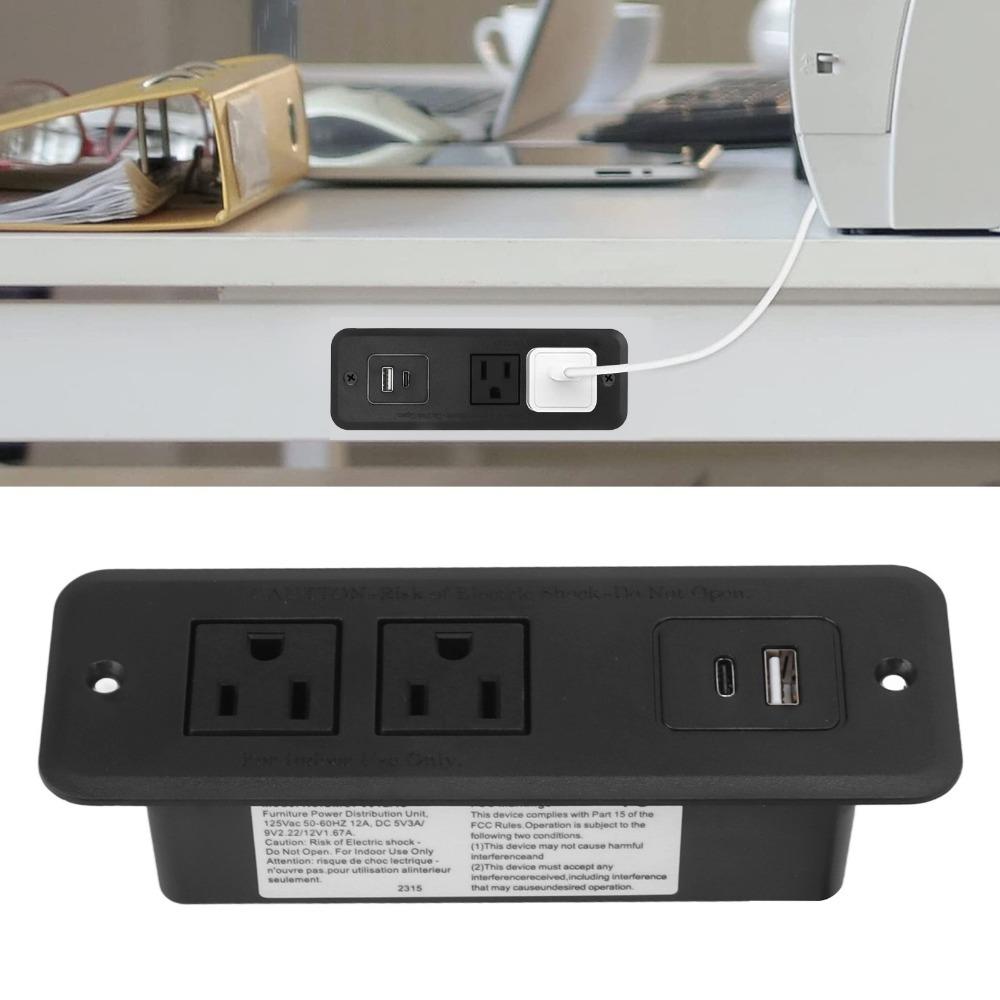 Built-In Desk Power Socket Black Table Power Strip Multiple Outlets Recessed Power Strip Furniture