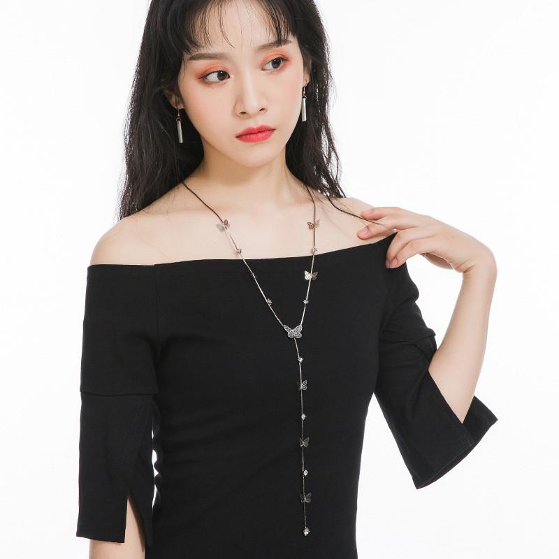 Elegant Korean Style Rhinestone Butterfly Tassel Sweater Necklace For Women