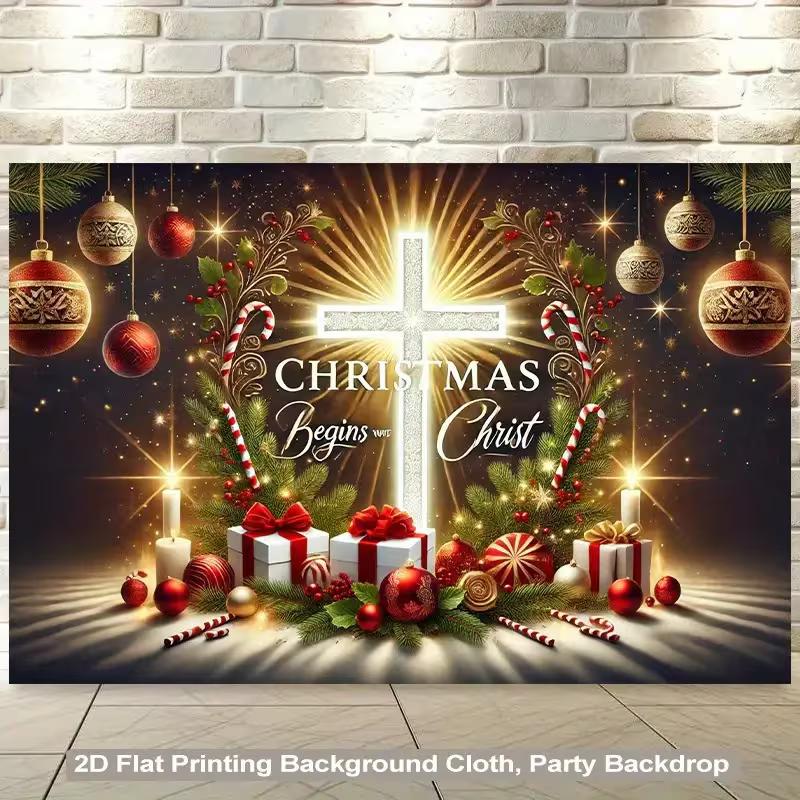 

2D Christmas Begins With Christ Cross Backdrop, Religious Holiday Party Photography Banner 47.2x31.5inch/120*80cm
