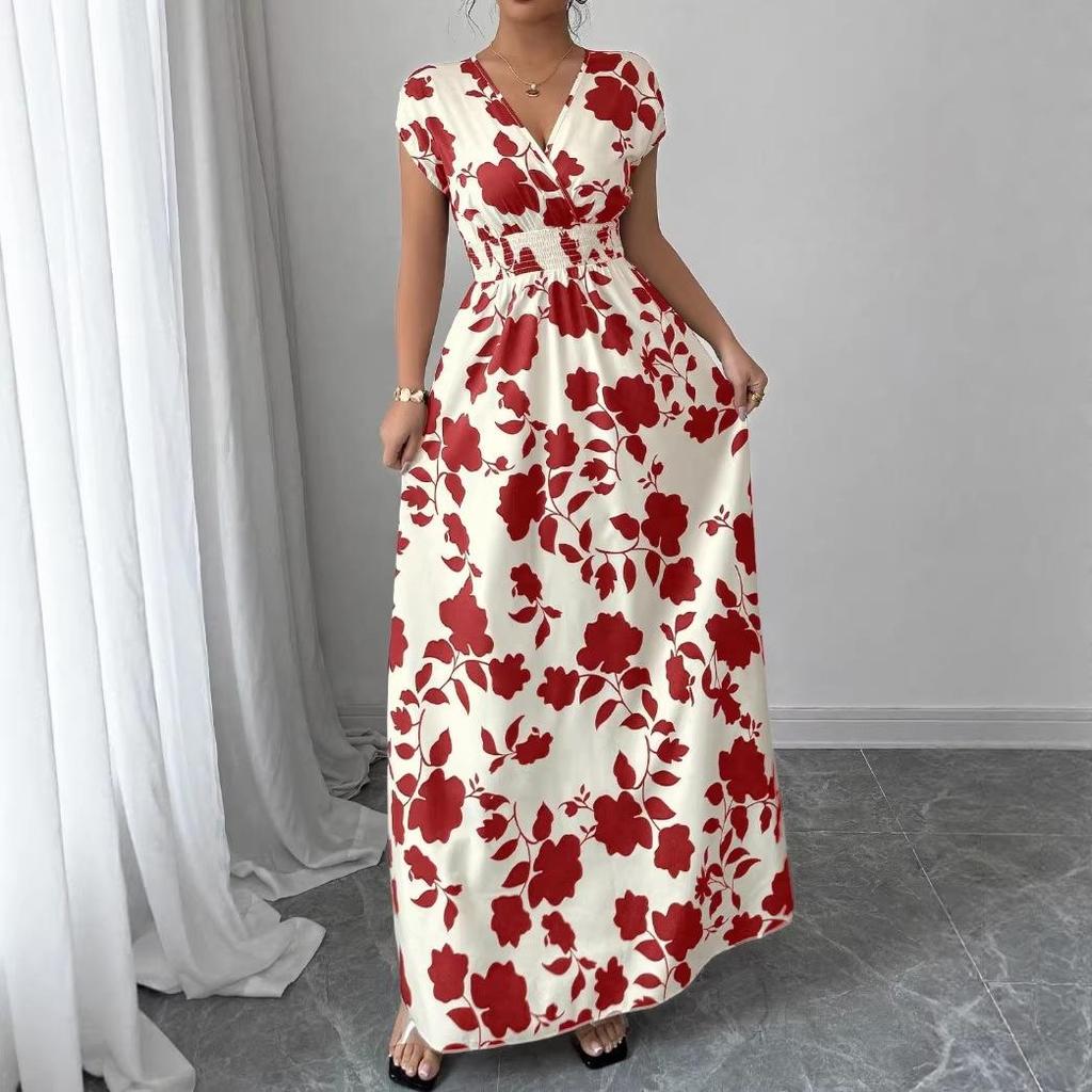 Rose Print V-neck Short-sleeved Slim Dress - Elegant Summer Women's Clothing 2026
