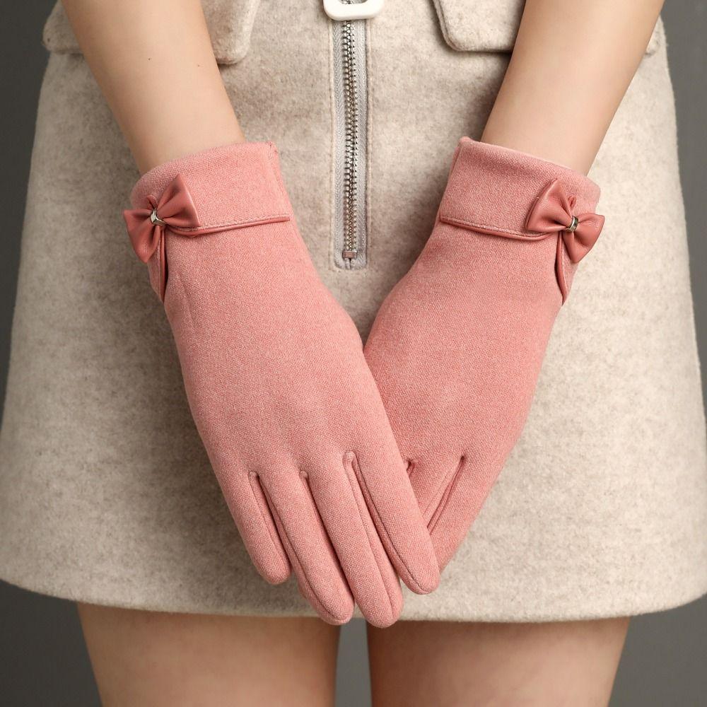 Bow Plus Velvet Driving Gloves  Gloves Winter Gloves Full Finger Gloves Female Gloves