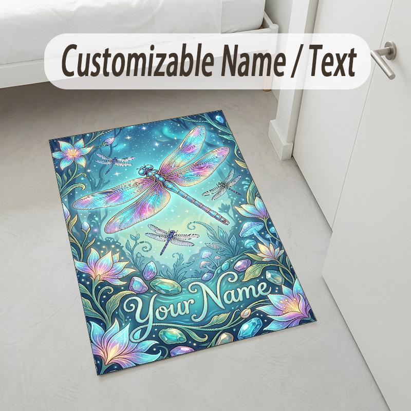 Dragonfly Dreams Bloom Theme Soft Crystal Velvet Rug Custom Name & Text Print Non Slip Floor Rug for Bedroom Living Room