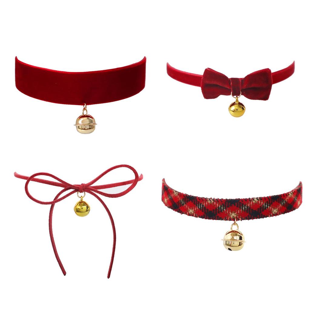 Wine Red Christmas Bow Bell Plush Choker Necklace