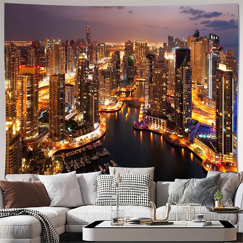 Dubai City Night Skyline Marina Urban Landscape Wall Tapestry Machine Washable All Season Decor Art Print Modern Design Home