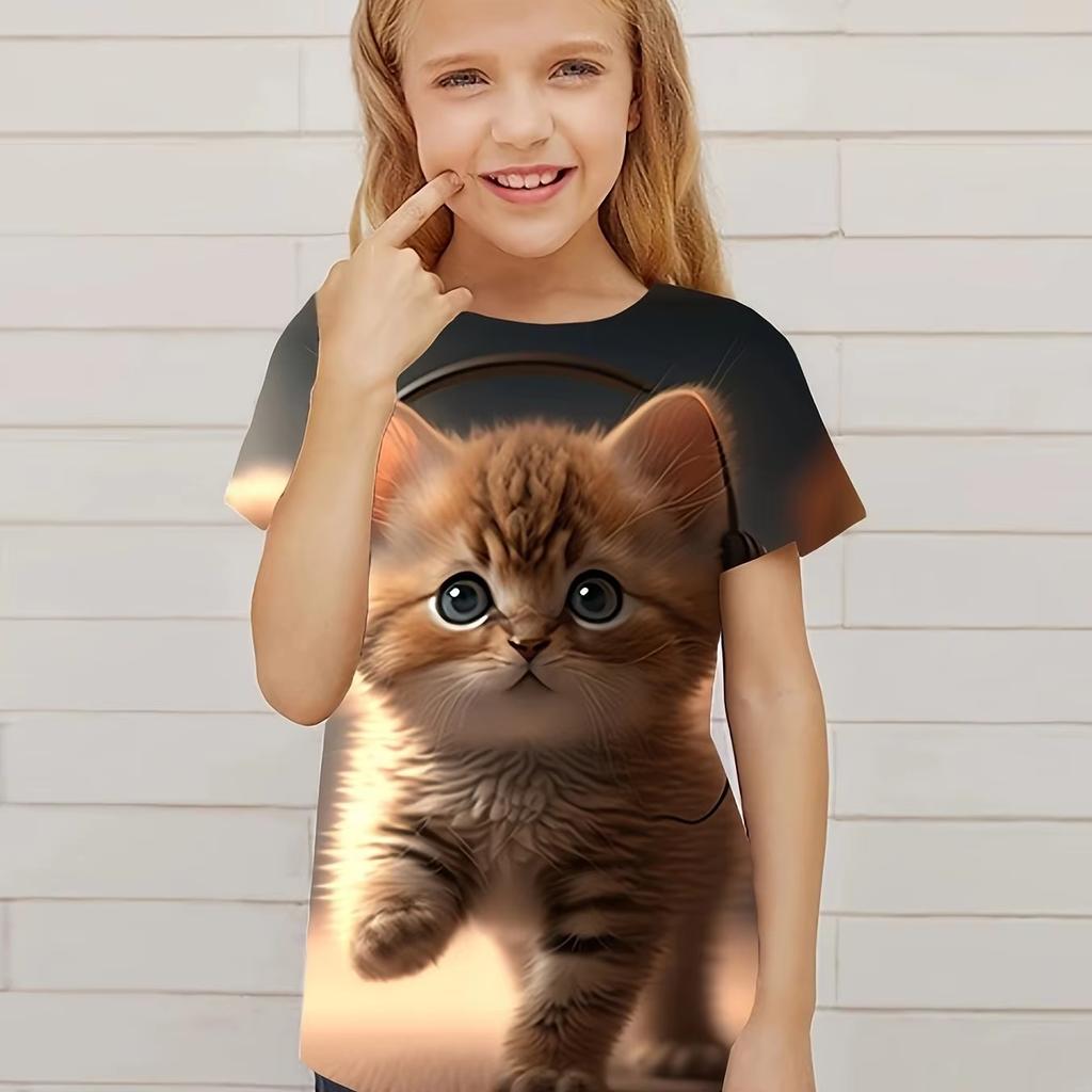 2025 Lato Nowa Odzież Dziecięca Uroczy Wzór Kota 3D Nadrukowany Top z Krótkim Rękawem Odzież Dziecięca T-shirt Casualowa Bluza Dziecko