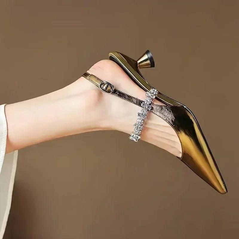 New Women's Sandals Pointed Toe Slingbacks Rhinestone Wedding Shoes Gold Sliver Low Heels Summer Mujer Luxury Zapatos De Mujer