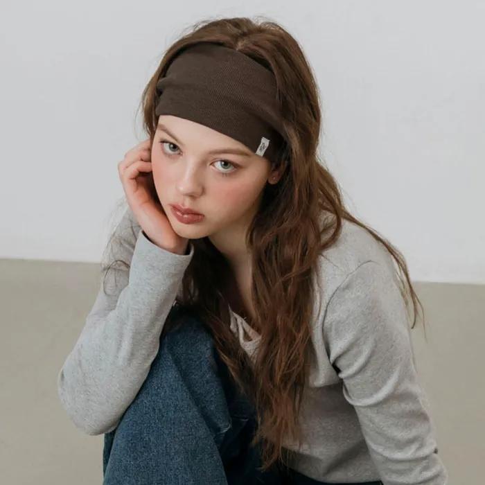 MINIMAL RIBBED WIDE HAIR BAND BANDANA_BROWN