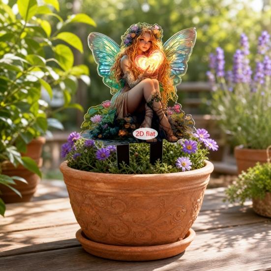 Feengarten-Stab mit Laterne, 2D Acryl-Elfen-Außenhof-Dekoration, UV-bedruckte Gartenkunst für Rasen Topfpflanzen, Geschenk für Frauen