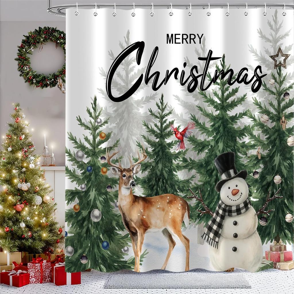 Christmas Tree Shower Curtain, Winter Colorful Cartoon Xmas Tree Cute New Year Bath Curtain Decor, Waterproof Bathroom Accessory