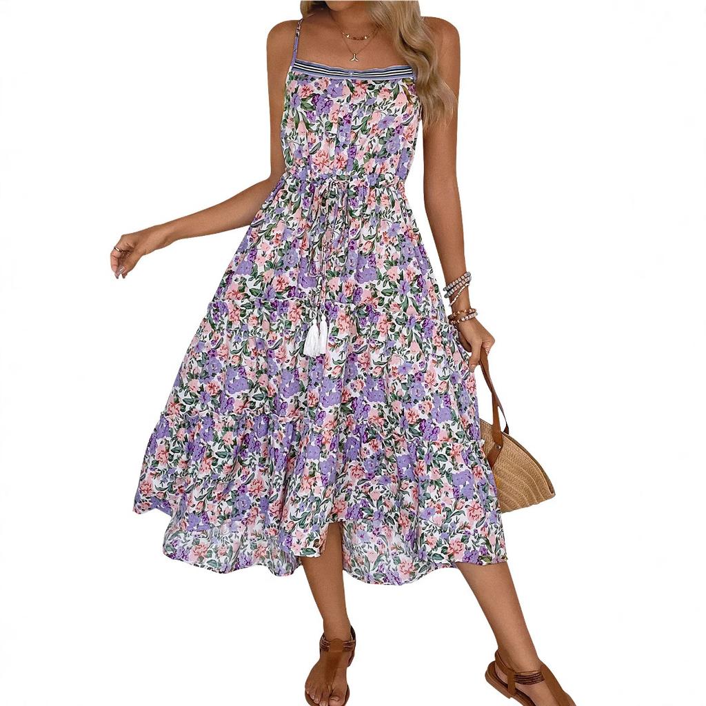 Amazon Independent Station 2025 Summer New European and American Suspender Skirt Cross-border Pleated Printed Ruffle Edge Dress
