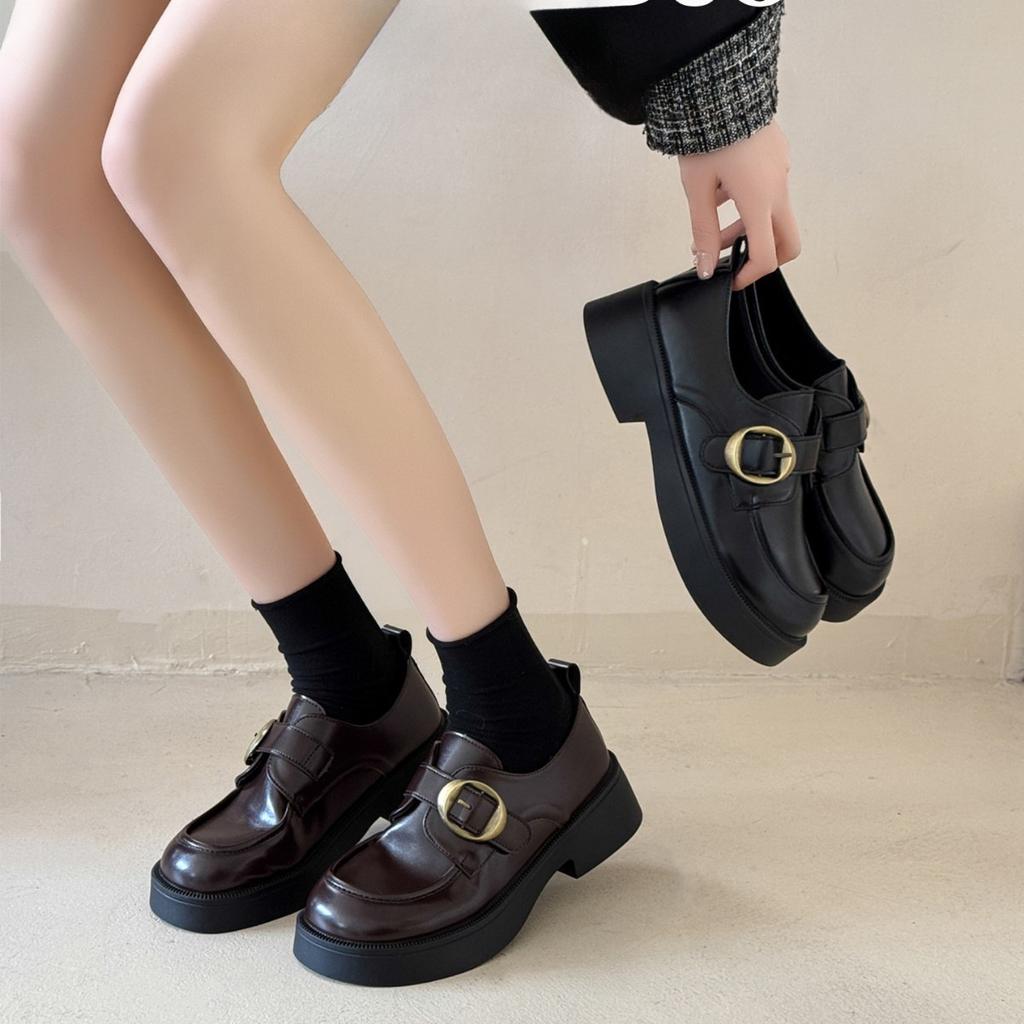 [Uncle Shoe] New platform loafers women's British style small leather shoes autumn one-pedal women's shoes black single shoes