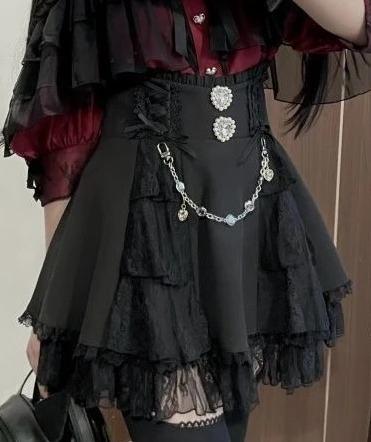 Japanese Sweet Lolita Style Mini Skirt Women Elegant Lace Bandage Party Cake Skirts Female Gothic Y2k Metal Buckle Skirt