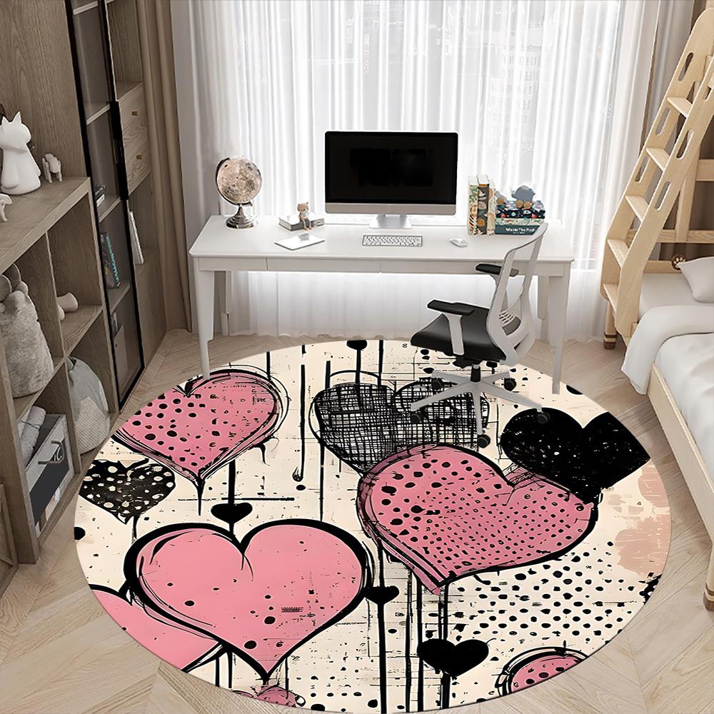 1pc Heart Print Chair Carpet for Office, Round Polyester Mat, Indoor Decor for Office, Washable Non-slip Carpet yy251219113