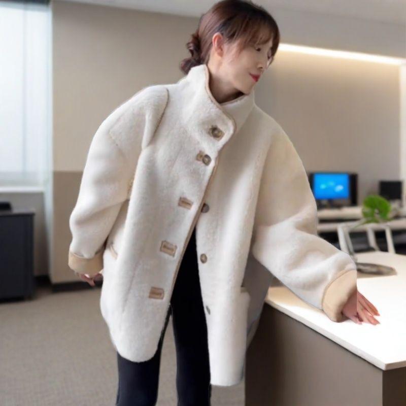 Women's Thick Shearling Stand Collar Jacket - Autumn/Winter, Loose Fit, Warm, Slimming Style