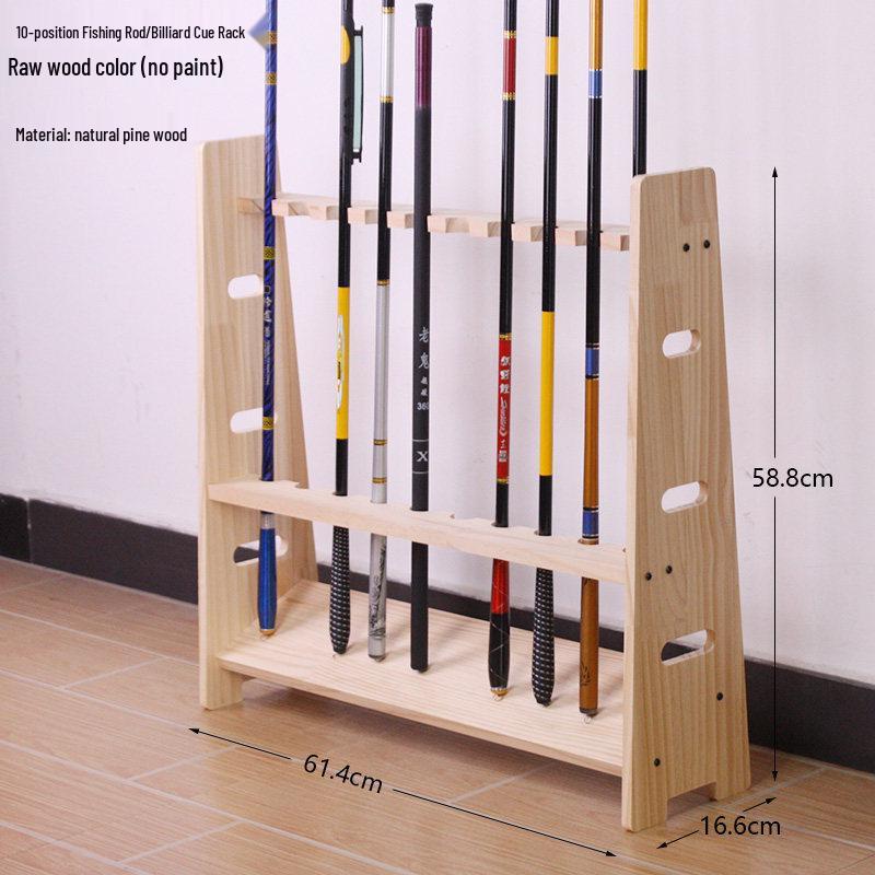 10-Tier Solid Wood Floor-Standing Fishing Rod and Pool Cue Storage Rack