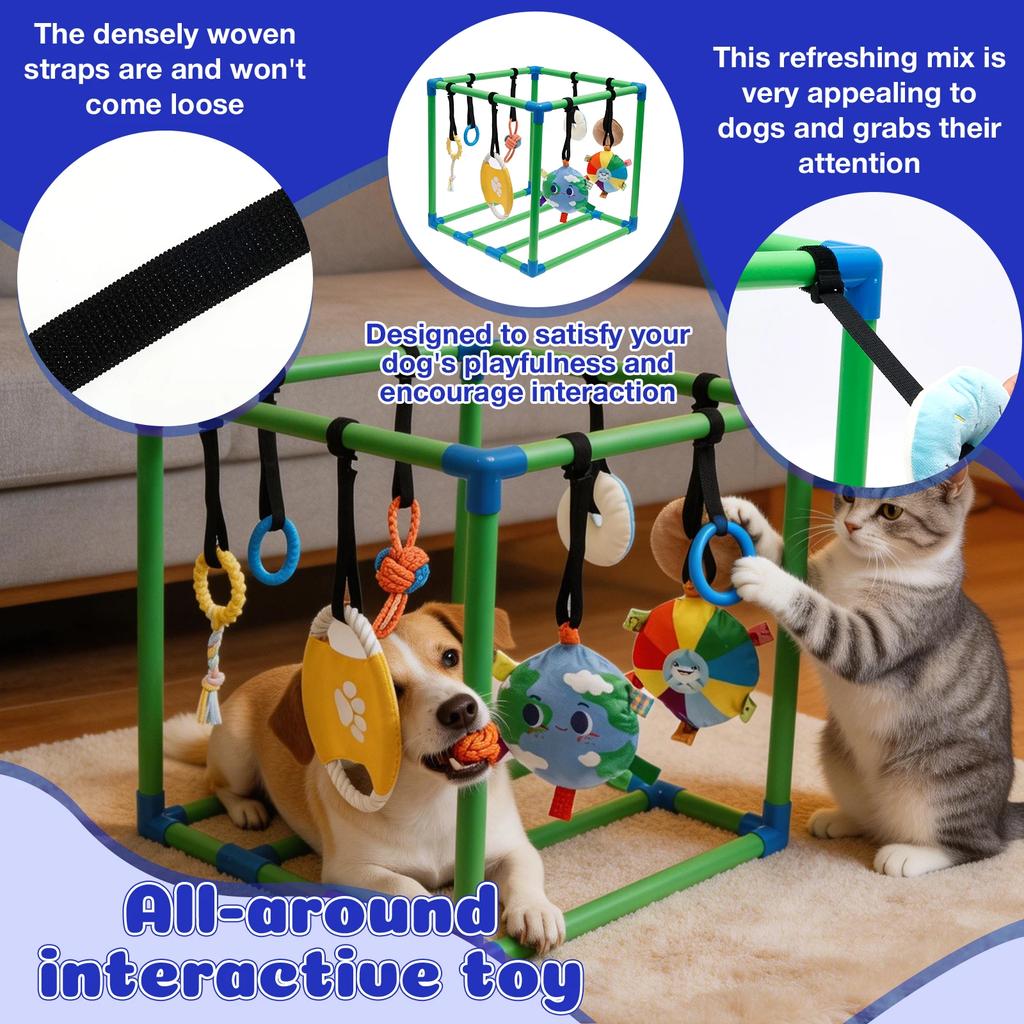 Parc d'activités pour chiots avec 8 jouets suspendus Parc d'attractions Jungle pour petits chiens Cadre en PVC Parc pour chiens pour jouer et se divertir