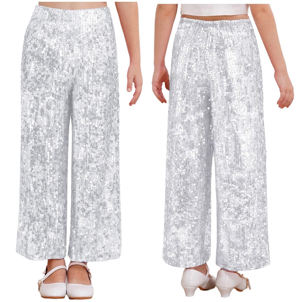 Girls Allover Sequin Pants Elastic Waist Loose Fit Fully Lined for Dance Stage Performance