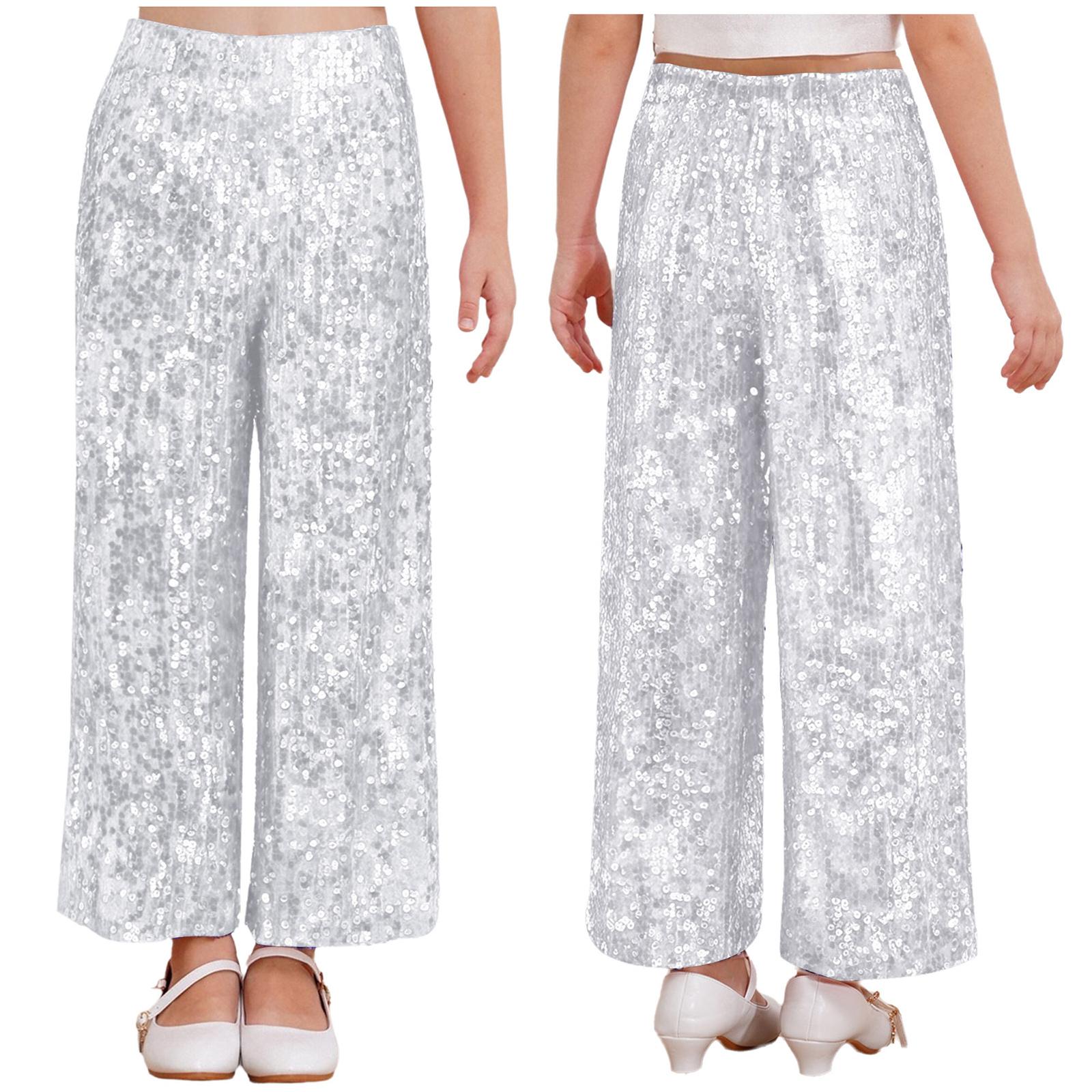 

Girls Sequin Dance Pants Loose Fit Elastic Waist Fully Lined for Performance 5-6 Years срібний