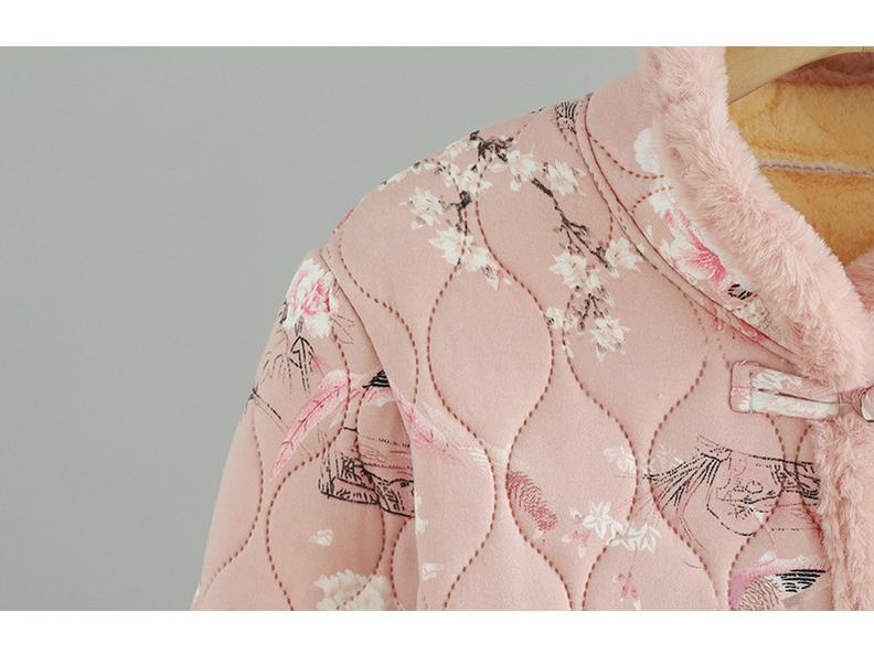 Women's Stand Collar Floral Padded Jacket - Chinese Style Winter Coat with Retro Frog Buttons and Ethnic Design, Plus Velvet for Warmth.