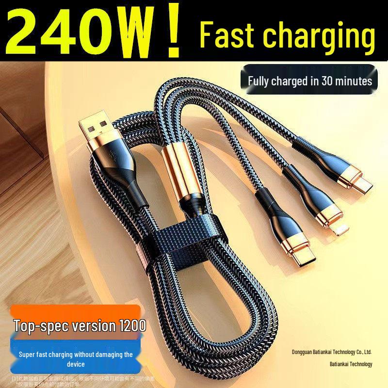 200W Three-in-One Super Fast Charging Cable for Apple 14/15/16/17 and Huawei Devices