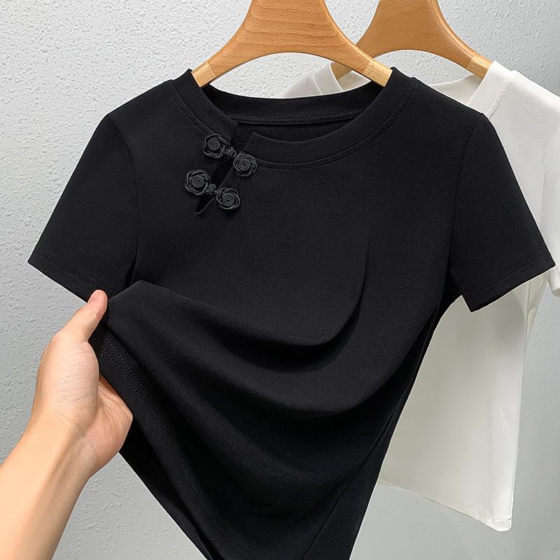 Black Short-sleeved T-shirt for Women's Summer New Solid Color Garden Cotton T-shirt Retro New Chinese Style Button Top