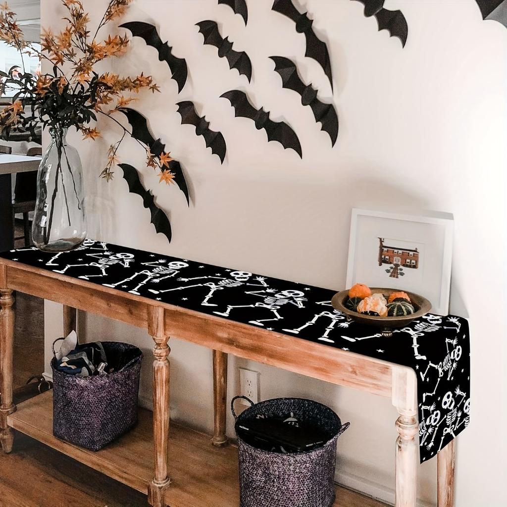 1pc Black Halloween Table Runner Skeleton Dance Print Table Runner Waterproof Durable Tablecloth for Halloween Party Decoration