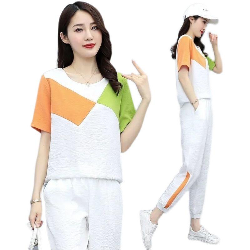 Plus Size Color Block Two-Piece Sportswear Set: Short Sleeve T-shirt & Jogger Pants