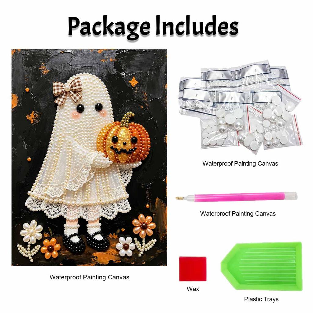 Frameless Pearl Bead Painting Kit Cute Ghost with Pumpkin Design DIY Handmade Craft Canvas for Home Wall Decor Autumn Festival Art