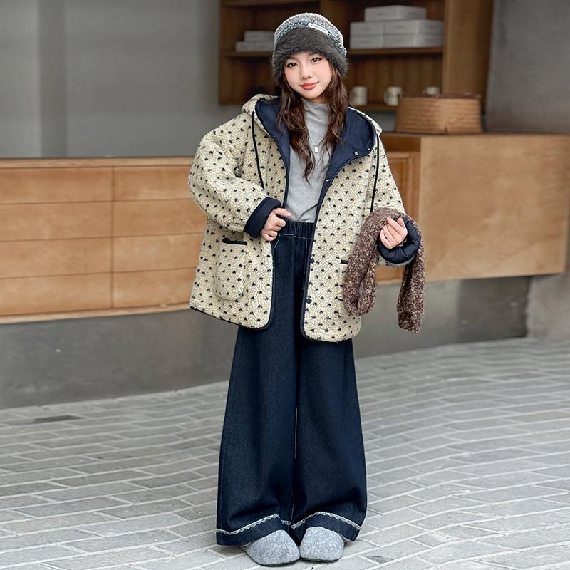 Girls' Winter Fuzzy Sweater & Fleece-Lined Jeans Set 2025 - New Trend for Middle and Big Kids