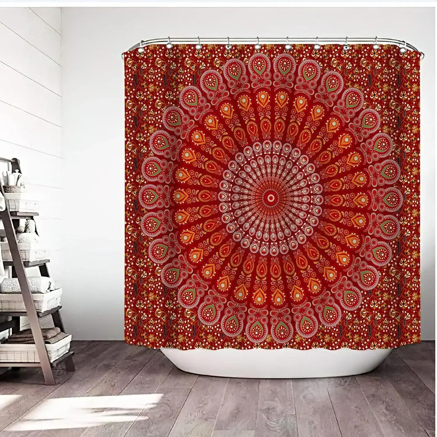 Monika Chen Waterproof Shower Curtain Mandala Flower Printed Bath Curtain Polyester Fabric Geometric Home Bath Decor Curtains With 12 Hooks