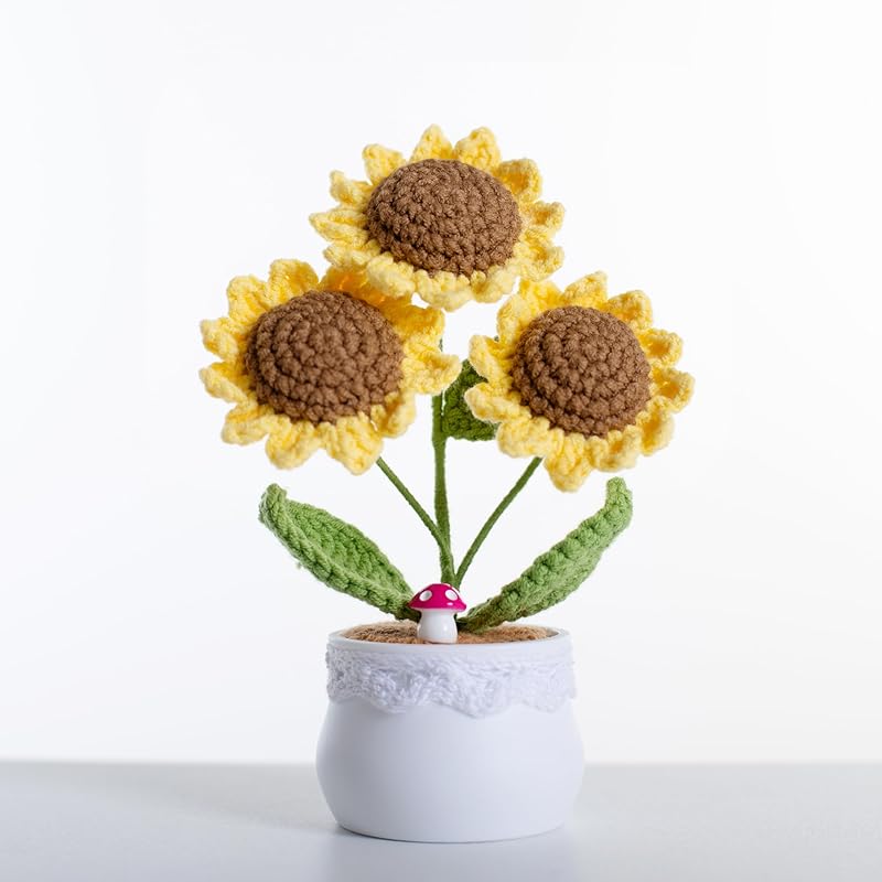 Finish Mini Crochet Flowers, Smiley Sunflowers, Crochet Sunflowers, Table Decorations, Gifts for Friends and Lovers (Smile) Natural Color