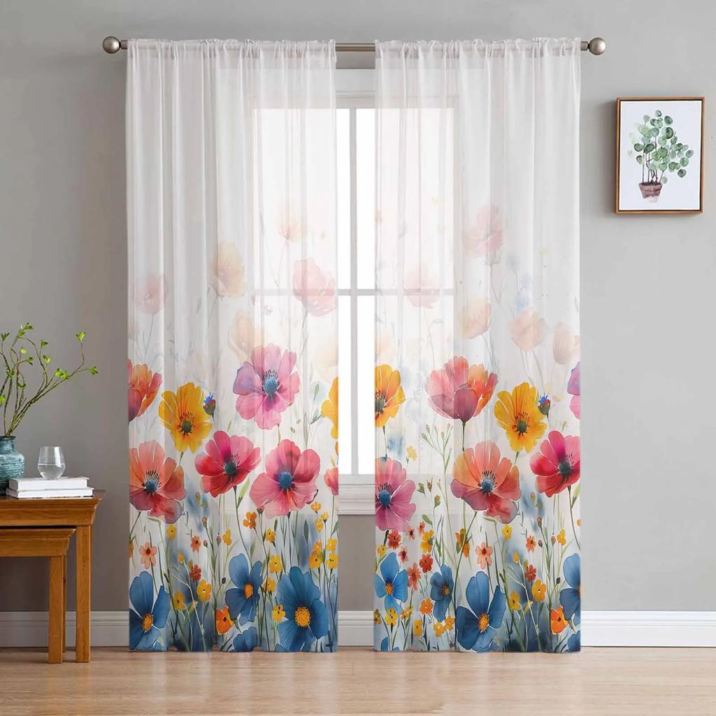 Vintage Pink Hibiscus Flower White Sheer Curtains for Living Room Decoration Window Curtain Kitchen Tulle Voile Organza Drapes