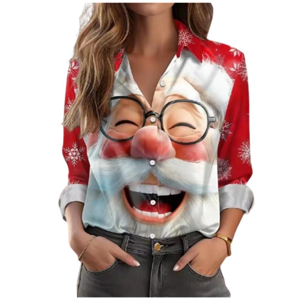 Women's Christmas Blouse Cute Funny Santa Blouse Elegant Fashioin Long Sleeve Shirt Casual Lapel Holiday Wear Fall Winter Daily